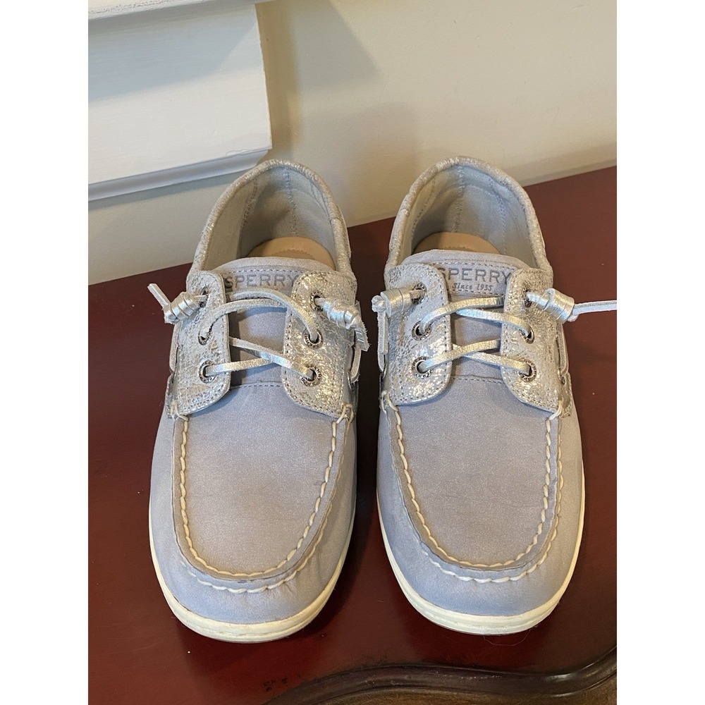 Women's Sperry Top-Sider Boat Shoe Gray & Silver 8.5 Canvas Suede Lounge Flats